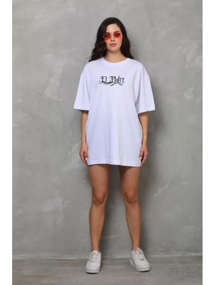 Koflandy Unisex Bisiklet Yaka Baskılı Oversize T-Shirt - Beyaz