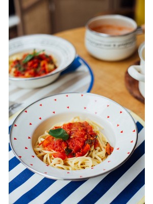 Emaylab Cupid Emaye Makarna ve Salata Tabağı 24 cm Krem Renkli El Yapımı Desenli