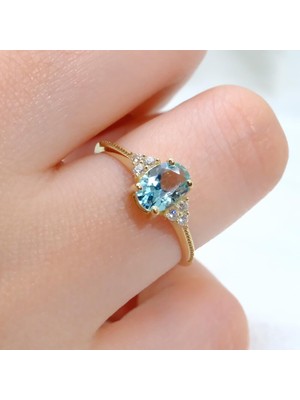 Fasek Gold Oval Kesim Blue Topaz Yan Zirkon Taşlı Modern Tasarım 925 Ayar Gümüş Kadın Yüzük Günlük-Hediyelik