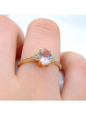 Fasek Gold Oval Kesim Pembe Safir Yan Zirkon Taşlı Tektaş Modern 925 Ayar Gümüş Kadın Yüzük Günlük-Hediyelik