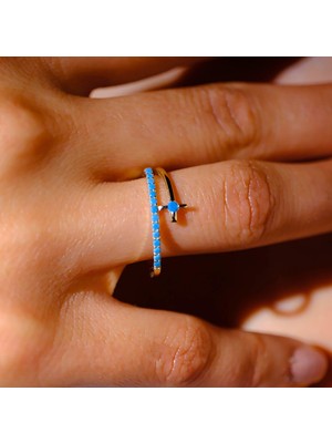 Fasek Gold Yarım Tur Altın Yüzük - 14 Ayar Altın Turkuaz Taşlı Yarım Tur Yüzük - Anneler Gününe Hediye Yüzük