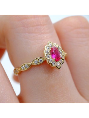 Fasek Gold Oval Altın Yüzük - 14 Ayar Altın Fantazi Oval Ruby Taşlı Kadın Yüzük - Hediyelik, Minimal Yüzük