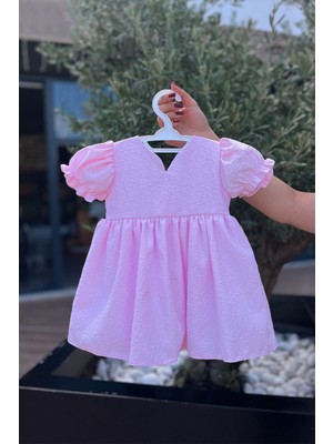 Krep Kabartma Desenli Yazlık Kız Çocuk Bebek Pembe Elbise
