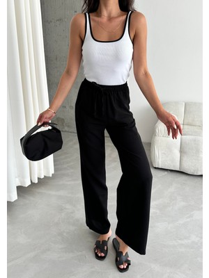 Laluvia Siyah Beli Lastikli Pamuklu Keten Pantolon