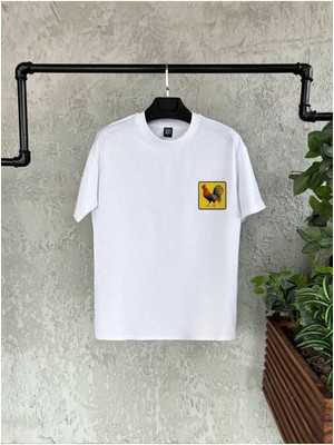 Horoz Baskılı Beyaz Erkek Tshirt