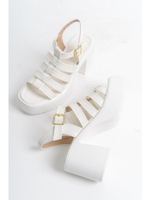 Modabuymus Zercok Beyaz Çok Bantlı Yüksek Sandalet Platform Topuklu Günlük Ayakkabı