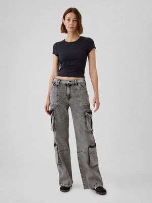 Gap Kadın Siyah Mid Rise Double Cargo '90S Loose Jean Pantolon