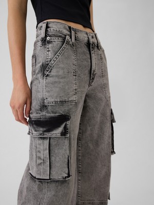 Gap Kadın Siyah Mid Rise Double Cargo '90S Loose Jean Pantolon