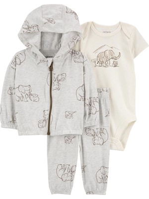 Carter's Layette Kız Çocuk 3'lü Hırkalı Set Kapüşonlu Filli Desenli Rahat Giyim