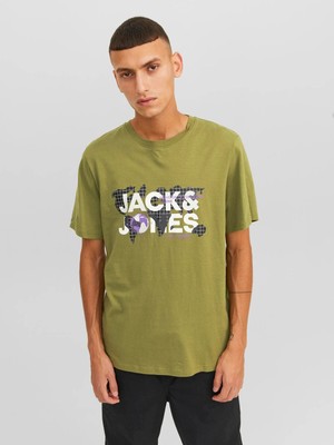 Jack & Jones Erkek  Logolu Bisiklet Yaka T-Shirt -Açık Haki