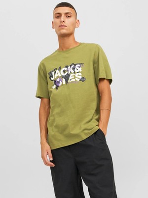 Jack & Jones Erkek  Logolu Bisiklet Yaka T-Shirt -Açık Haki