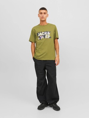 Jack & Jones Erkek  Logolu Bisiklet Yaka T-Shirt -Açık Haki