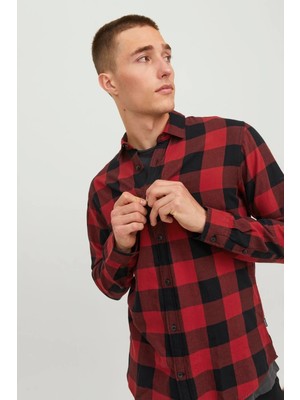 Jack & Jones Erkek  Slim Fit Kareli Gömlek - Kırmızı