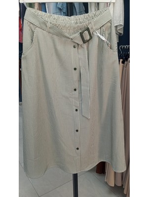 Büyük Beden Pamuklu Keten Çizgili  Düğme Modelli Kemerli Kloş Midi Etek