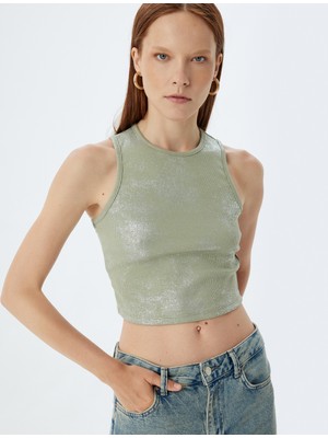 Koton Halter Yaka Crop Atlet Fitilli Metalik Baskı Detaylı Pamuklu