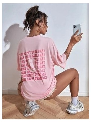 Mercoledi Kadın Smile Oversize Salas Boyfriend Baskılı T-Shirt Top Bluz