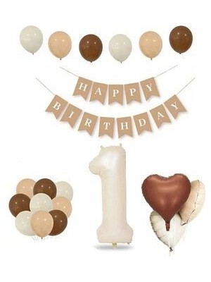 Asöy 1 Bir Yaş Retro Doğum Günü Seti Krem 1 Rakam Folyo, Banner, Kalp Folyo ve Lateks Balon Retro Renkler