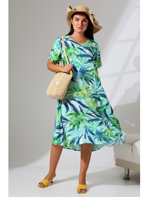 Likapa Yazlık Büyük Beden Viskon V Yaka Kısa Kol Elbise 2688