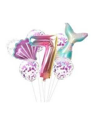 Deniz Kızı Balon 7li Set ( Denizkızı Deniz Kabuğu Rakam Balon ve Pullu Şeffaf Balon Buketi )