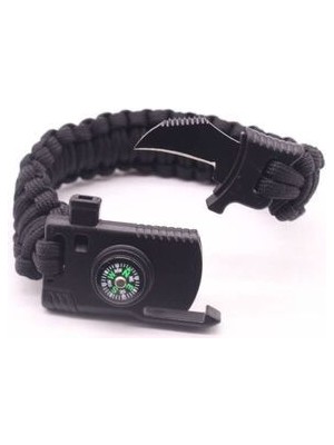 Bıçaklı Paracord Paraşüt Ipi Bileklik - Ateş Başlatıcı- Düdük - Pusula (Siyah)