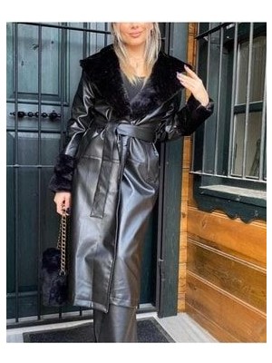 Vess Moda Kürklü Uzun Deri Kadın Trençkot