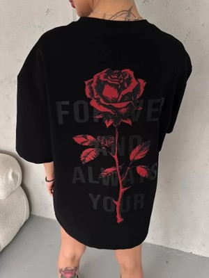 Fd Home Unisex Bisiklet Yaka Baskılı Oversize T-Shirt - Siyah