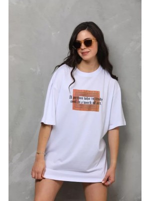 Fd Home Unisex Bisiklet Yaka Baskılı Oversize T-Shirt - Beyaz