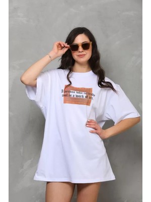 Fd Home Unisex Bisiklet Yaka Baskılı Oversize T-Shirt - Beyaz