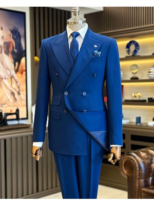 İtalyan stil slim fit erkek kruvaze ceket pantolon takım elbise lacivert T12687