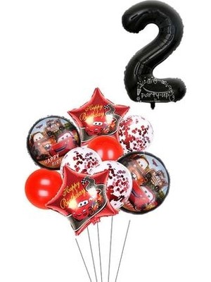 Parti Avm 2 Yaş Siyah Rakam Balonlu Şimşek Mcqueen Balon Seti Arabalar (Cars) Konfetili Şeffaf Balon