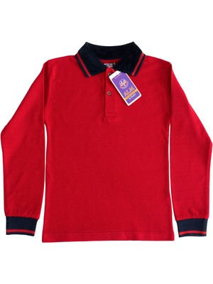 Polo Yaka Tişört Çocuk Uzun Kol Siyah Çizgi Yaka Kırmızı  Okul Tişört/t-Shirt