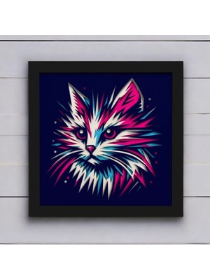 Cutline Neon Kedi Temalı 3D Lazer Kesim Mukkava Tablo - Çerçeveli Sanat Eseri (30X30 Cm)