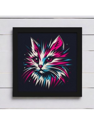 Cutline Neon Kedi Temalı 3D Lazer Kesim Mukkava Tablo - Çerçeveli Sanat Eseri (30X30 Cm)