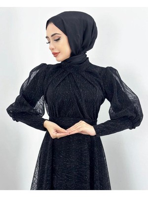 Merve Plume Tesettür Tül Abiye Elbise Jakarlı Simli Dokuma Kumaş Moda Düğün Şıklığı – Siyah