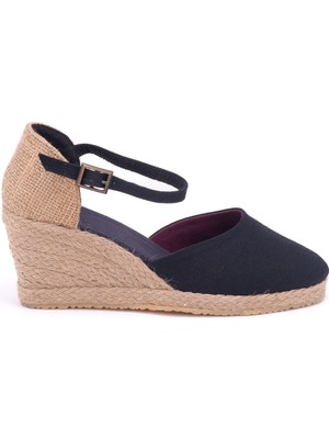 Star Tombis Elişi Siyah Hasır Dolgu Topuk Keten Hasır Espadril Handmade