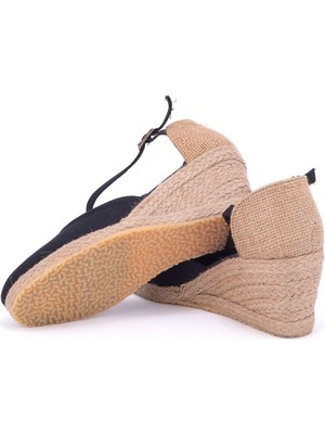 Star Tombis Elişi Siyah Hasır Dolgu Topuk Keten Hasır Espadril Handmade