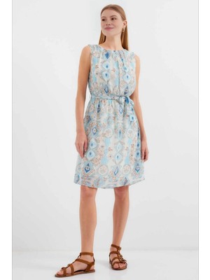 Kadın Mavi Krem Kuşaklı Beli Lastikli Desenli Sıfır Kol Şifon Elbise HZL24S-BD125011