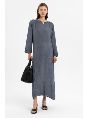 Deriderim Gri Işlemeli Uzun Kollu Astarsız Pamuklu Uzun Elbise