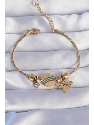 Stil Love 316L Çelik Gold Renk Zirkon Taşlı Gökkuşağı Tasarımlı Yusufçuk Bileklik