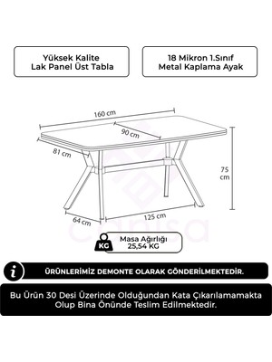 Canisa Asel Serisi 90 x 160 cm Lak Panel Gold Kaplama Ayaklı Masa