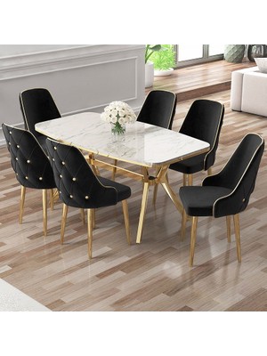 Canisa Asel Serisi 90 x 160 cm Lak Panel Beyaz Mermer Desen Gold Kaplama Ayaklı Masa Takımı Ve 6 Sandalye