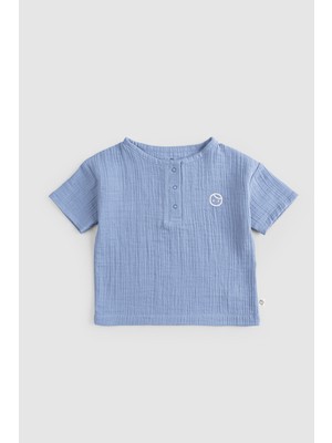 Little Gusto Organik Pamuk Müslin Bebek Düğmeli Mavi Tişört