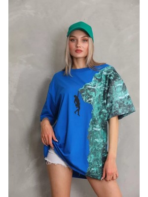 Adisia Bisiklet Yaka Baskılı Oversize T-Shirt - Mavi