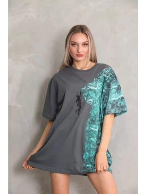 Adisia Bisiklet Yaka Baskılı Oversize T-Shirt - Gri