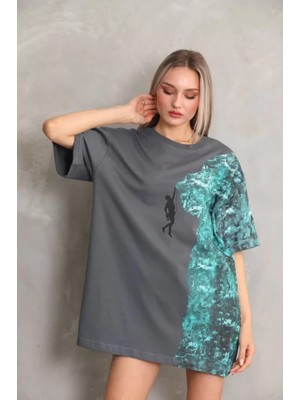 Adisia Bisiklet Yaka Baskılı Oversize T-Shirt - Gri