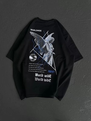 Adisia Bisiklet Yaka Baskılı Oversize T-Shirt - Siyah