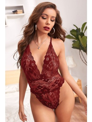 Glamfit Sırtı Ip Detaylı Dantelli Bodysuit Bordo - 3055.1364.