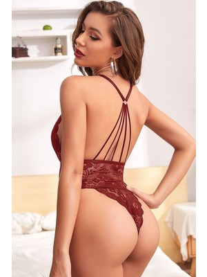 Glamfit Sırtı Ip Detaylı Dantelli Bodysuit Bordo - 3055.1364.