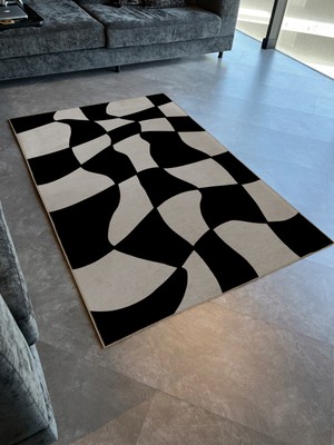 Rugs Modern Bej Siyah Temalı Geometrik Şekil Desenli Kreatif Modern Dekoratif Halı 2369