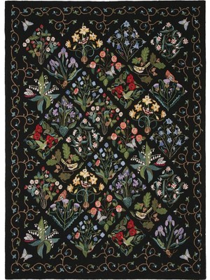 Rugs Modern Halı Çiçek Kare Desen Siyah Dokuma Taban Dijital Baskılı Halı Mira 1436